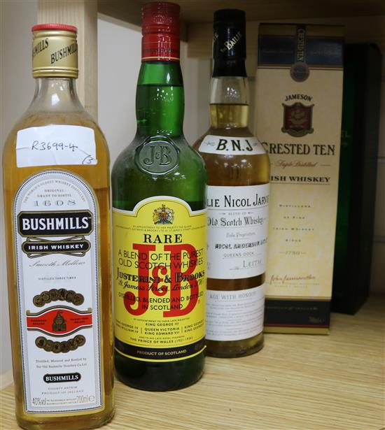 5 bottles of Whisky- Crested Ten, B.N.J., J & B, Johnnie Walker Green Label and Bushmills
